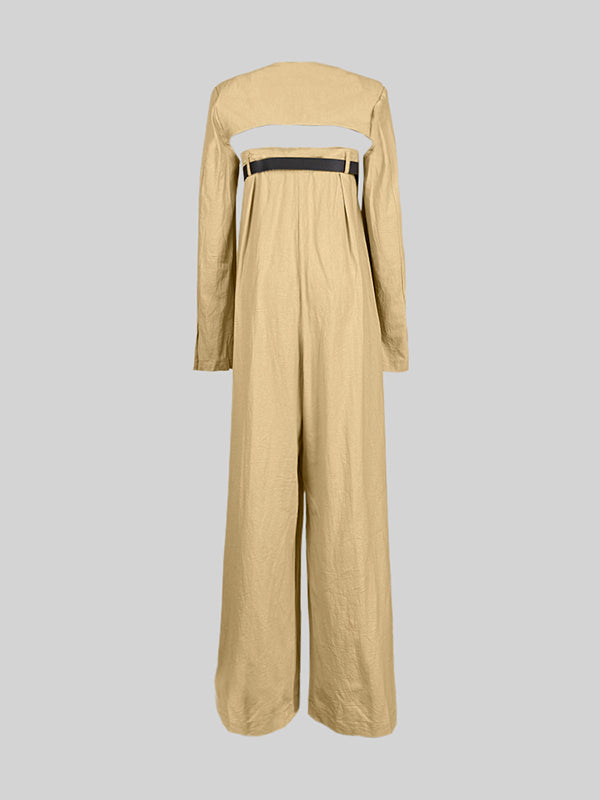 Wide-Leg Button-Detail Belted Long-Sleeve Belt