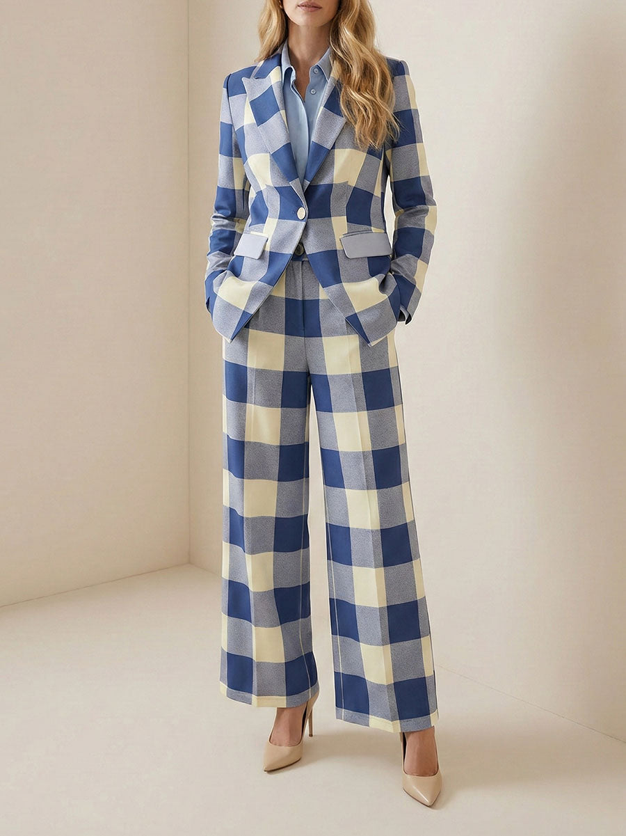 Checked Notch-Collar Button-Detail Pocket Blazer