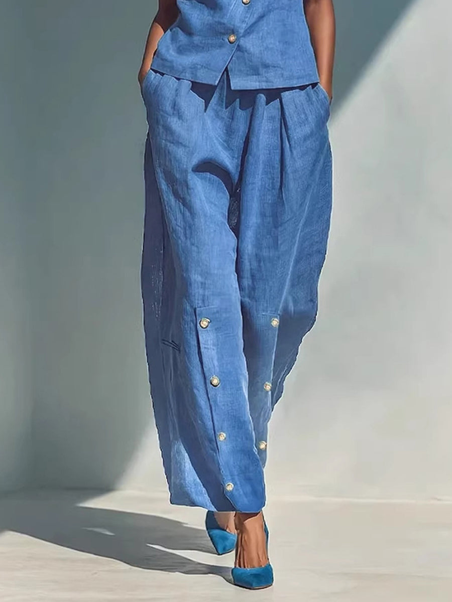 Wide-Leg Button-Detail Pocket Relaxed Pants