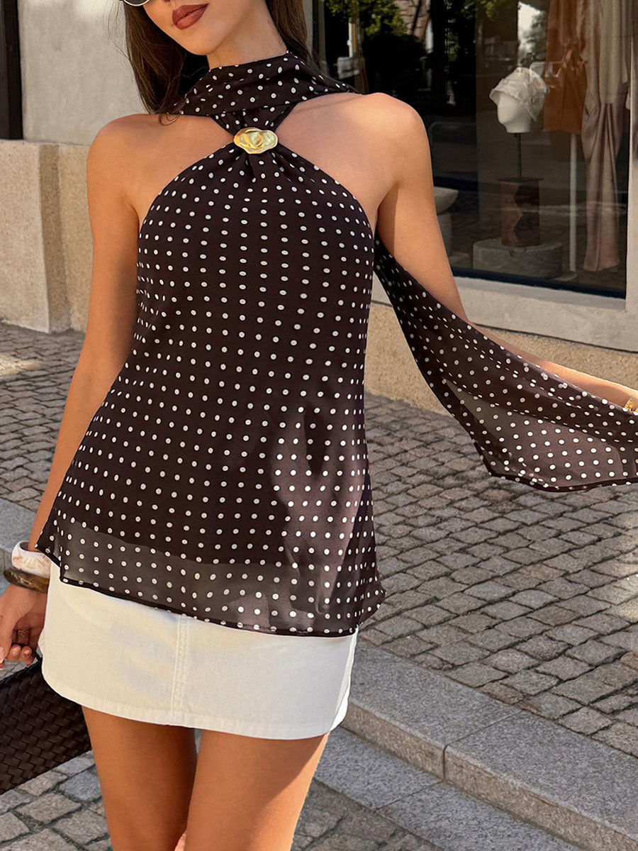 Polka Dot Halter-Neck Open-Back Sleeveless Tank Top