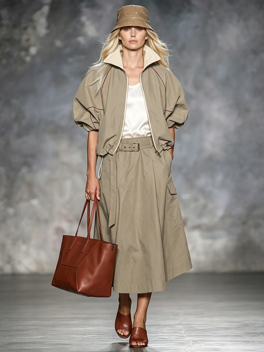 Drawstring Zip Relaxed Contrast Jacket