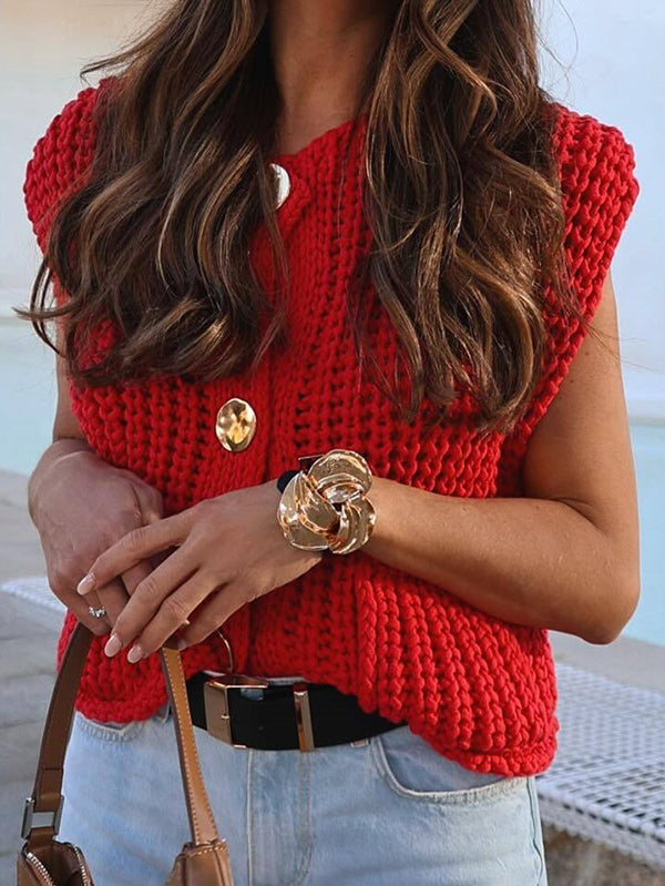 V-Neck Button-Detail Pocket Sleeveless Vest