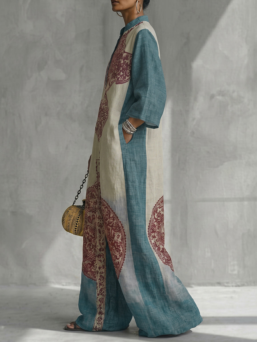 Printed V-Neck Pocket Three-Quarter Sleeve Jumpsuit