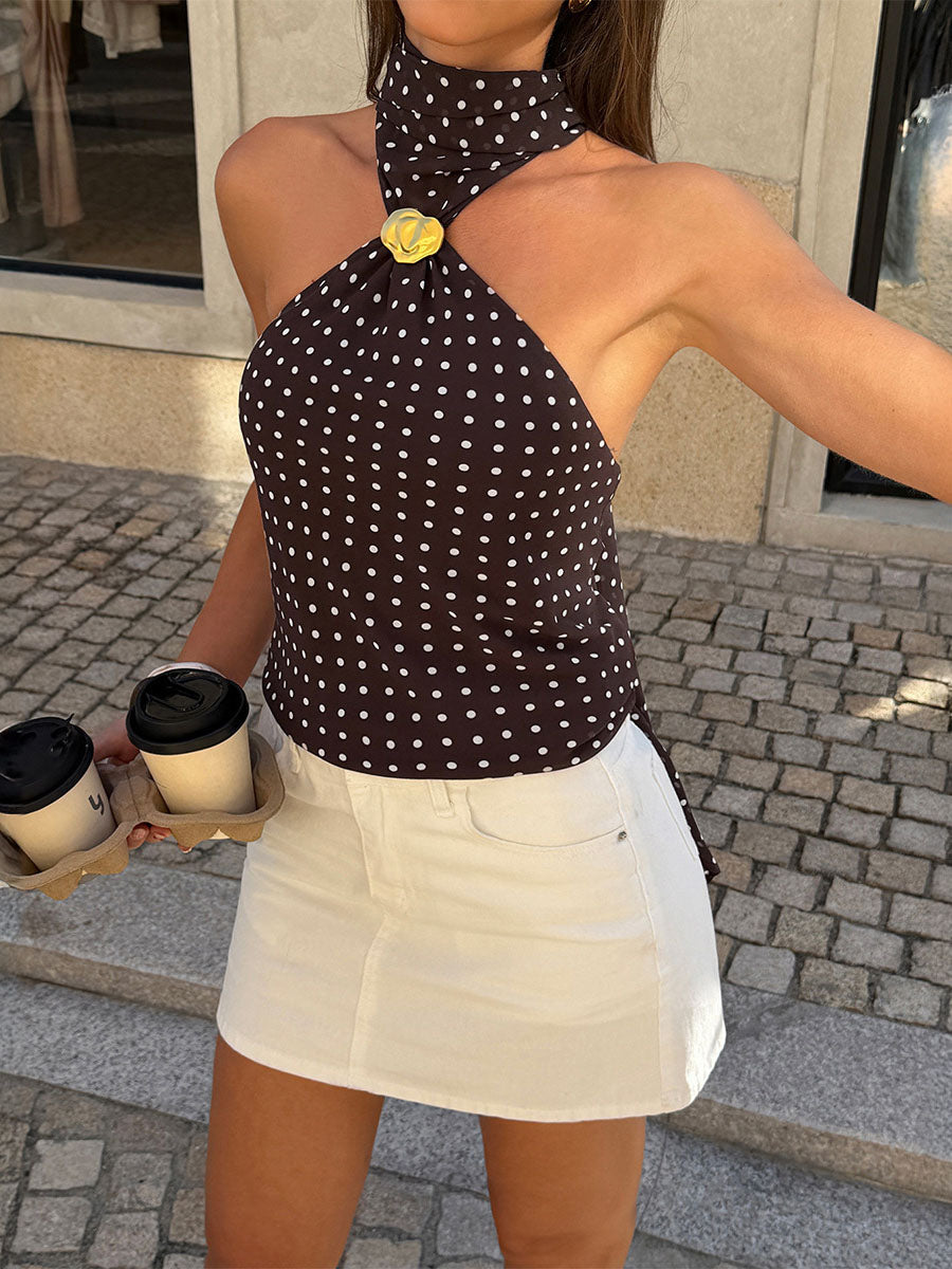 Polka Dot Halter-Neck Open-Back Sleeveless Tank Top