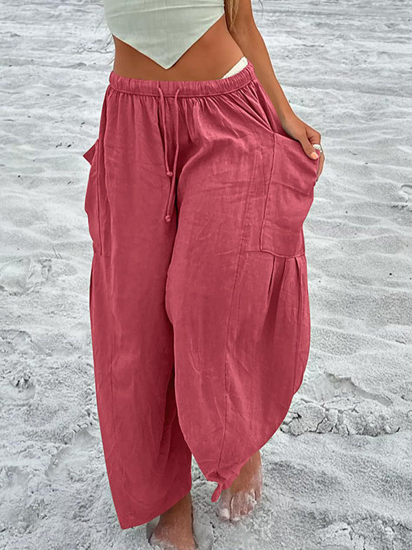 High-Waist Pleated Drawstring Pocket Pants