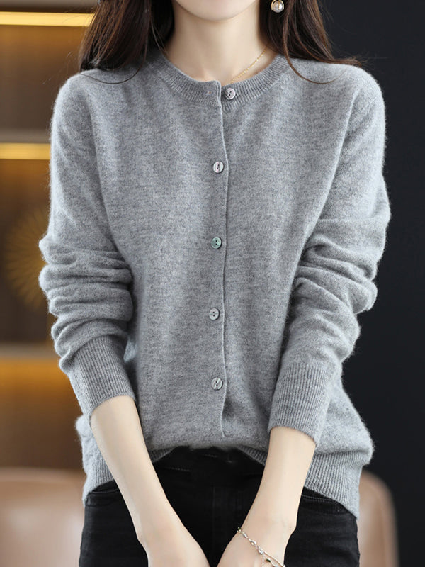 Knit Round-Neck Button-Detail Long-Sleeve Cardigan