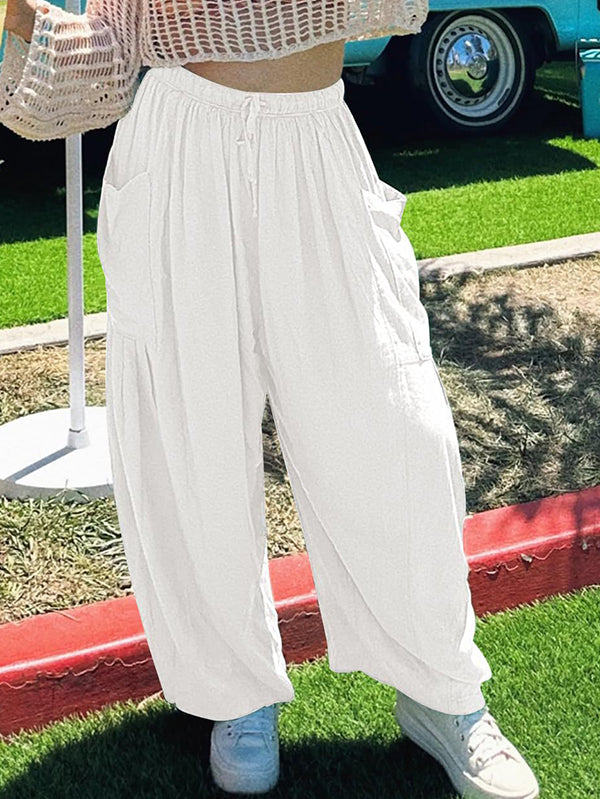 High-Waist Pleated Drawstring Pocket Pants
