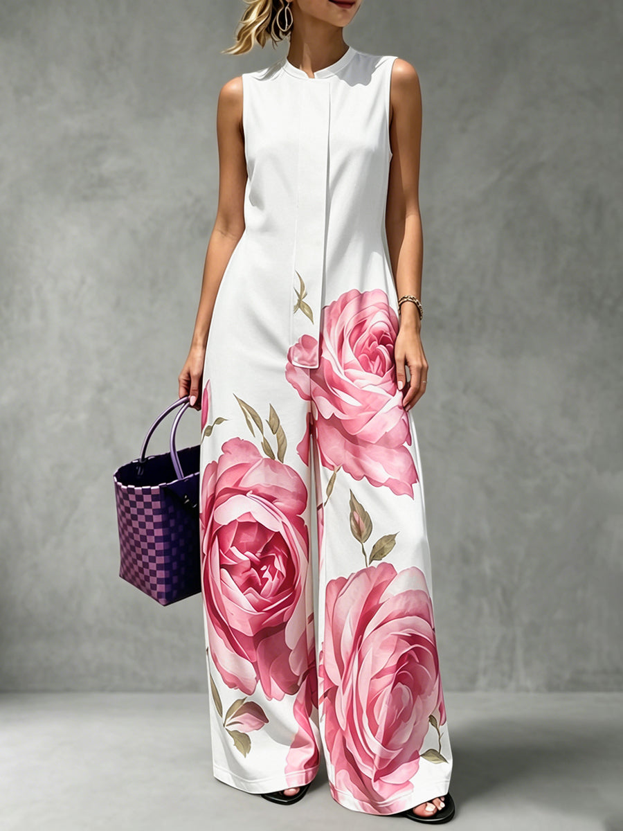 Floral High-Waist Round-Neck Pleated Jumpsuit