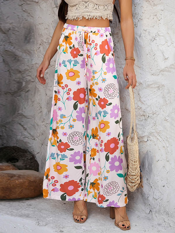 Floral High-Waist Drawstring Pocket Pants