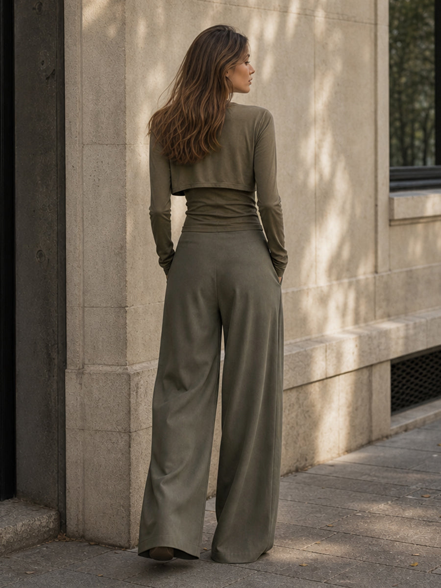 Wide-Leg High-Waist Pleated Asymmetric Pants