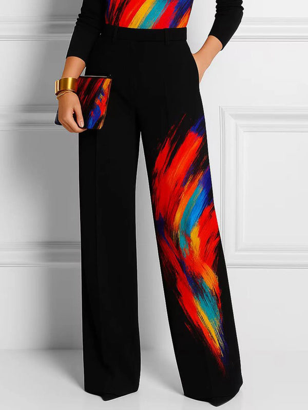 Printed Wide-Leg Pocket Contrast Pants