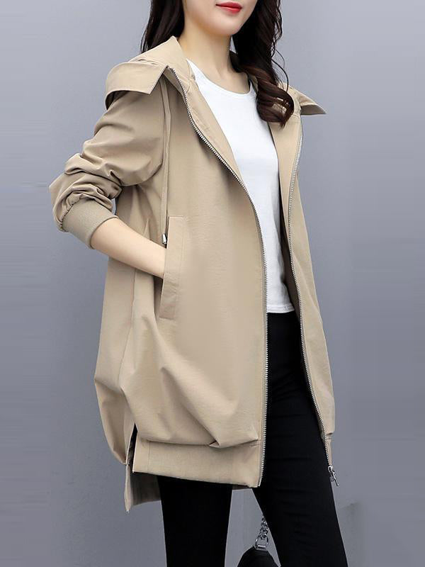 Hooded Pleated Zip Long-Sleeve Jacket