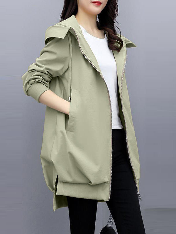 Hooded Pleated Zip Long-Sleeve Jacket