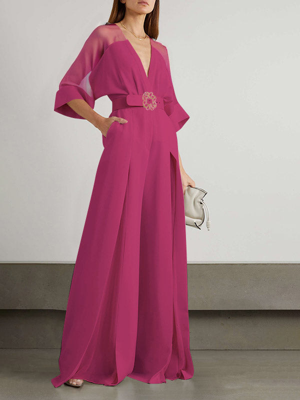 High-Waist V-Neck Contrast Jumpsuit