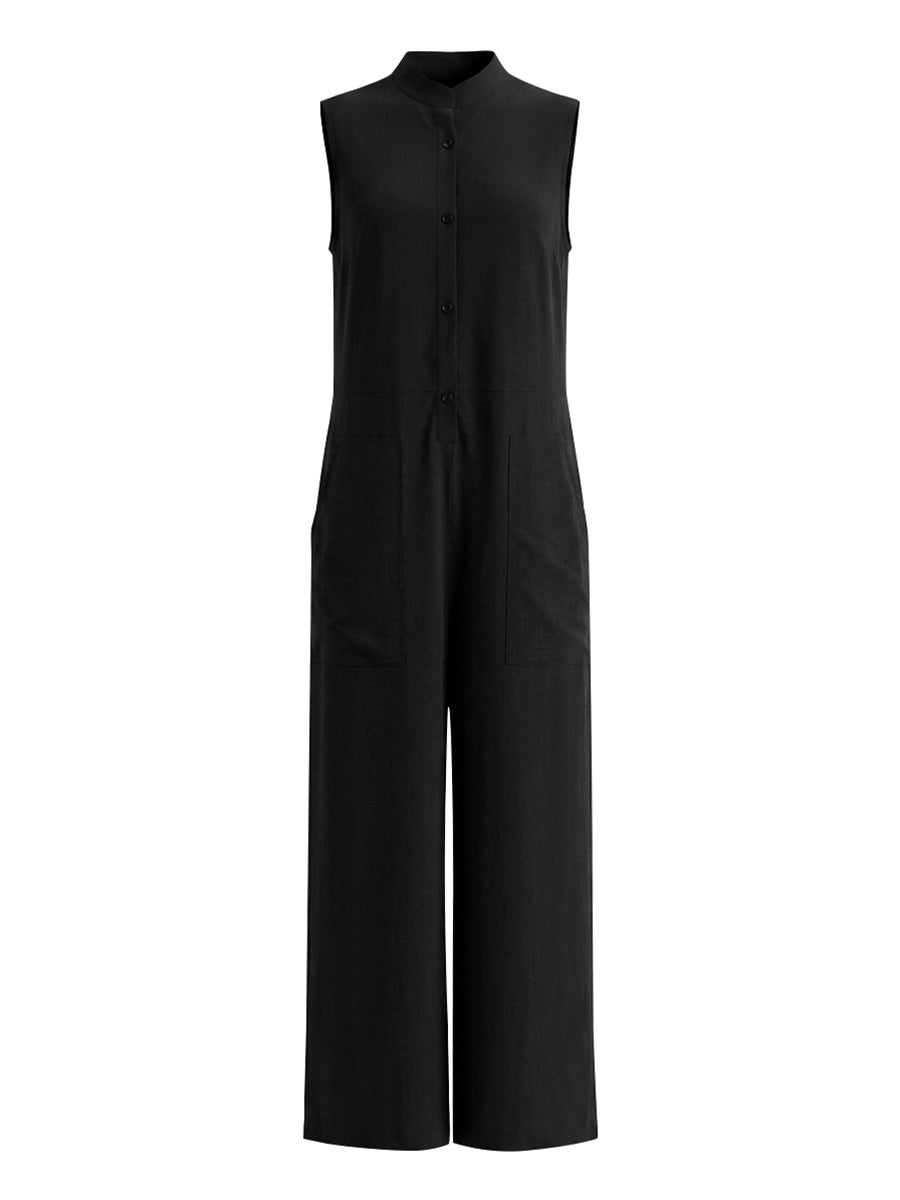 High-Waist Stand-Collar Button-Detail Pocket Jumpsuit