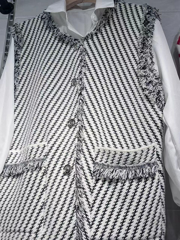 Striped V-Neck Fringe Button-Detail Vest