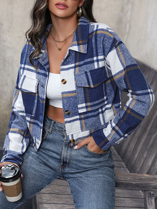 Checked Button-Detail Pocket Long-Sleeve Jacket