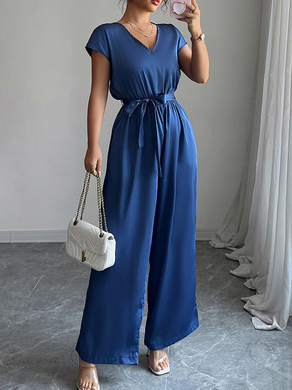 High-Waist V-Neck Pleated Open-Back Jumpsuit