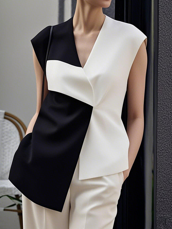 V-Neck Asymmetric Sleeveless Relaxed Vest