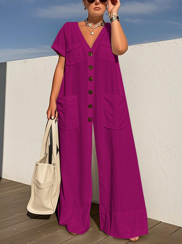 V-Neck Button-Detail Pocket Short-Sleeve Jumpsuit