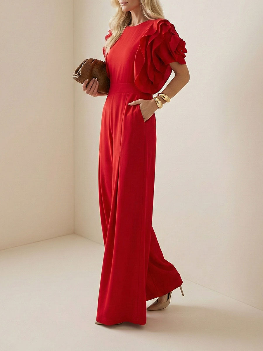 Round-Neck Short-Sleeve Relaxed Jumpsuit