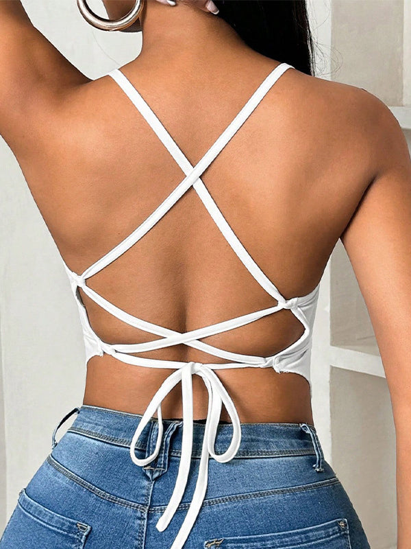V-Neck Pleated Open-Back Sleeveless Vest