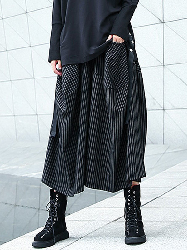 Striped High-Waist Pocket Elastic Culottes