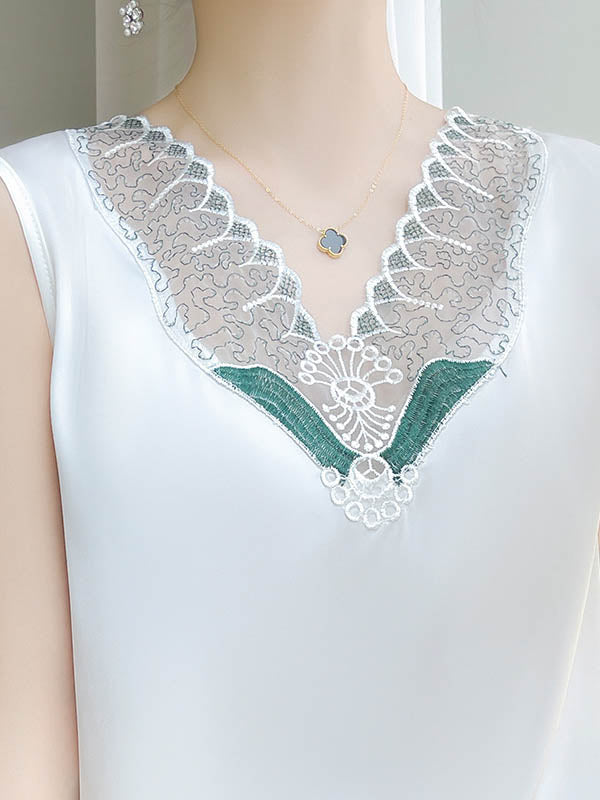 V-Neck Embroidered Sleeveless Relaxed Vest