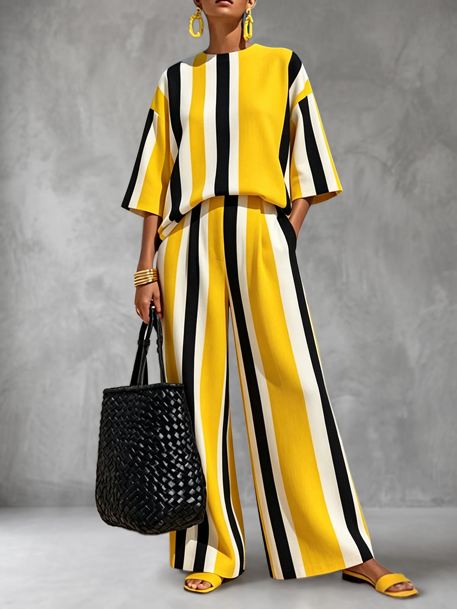 Striped Wide-Leg Pocket Elastic Pants