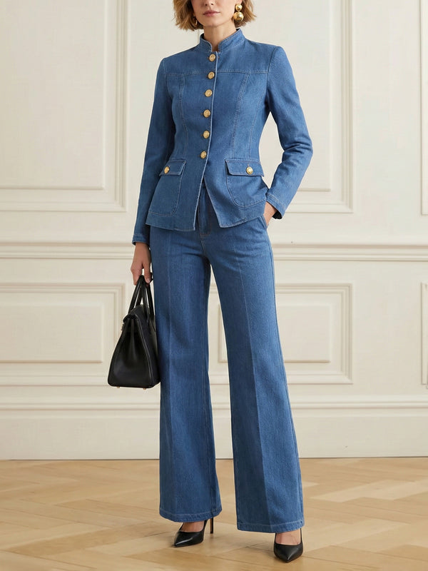 Stand-Collar Button-Detail Pocket Long-Sleeve Jacket