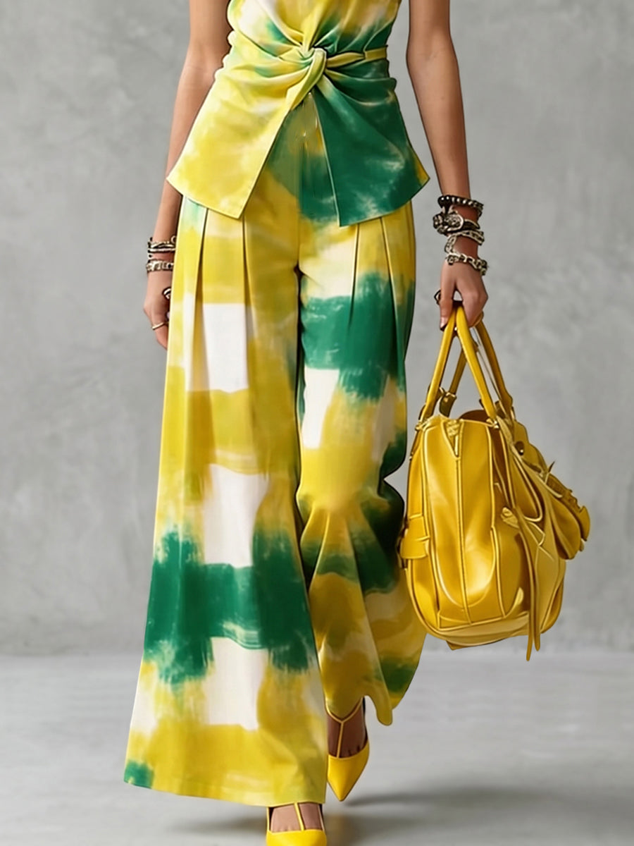 Printed Wide-Leg High-Waist Pleated Pants