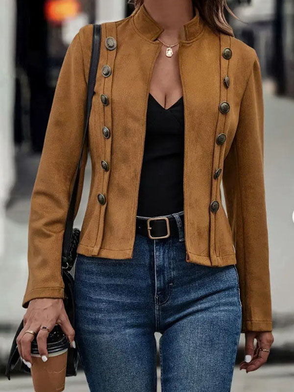 Stand-Collar Button-Detail Long-Sleeve Relaxed Jacket