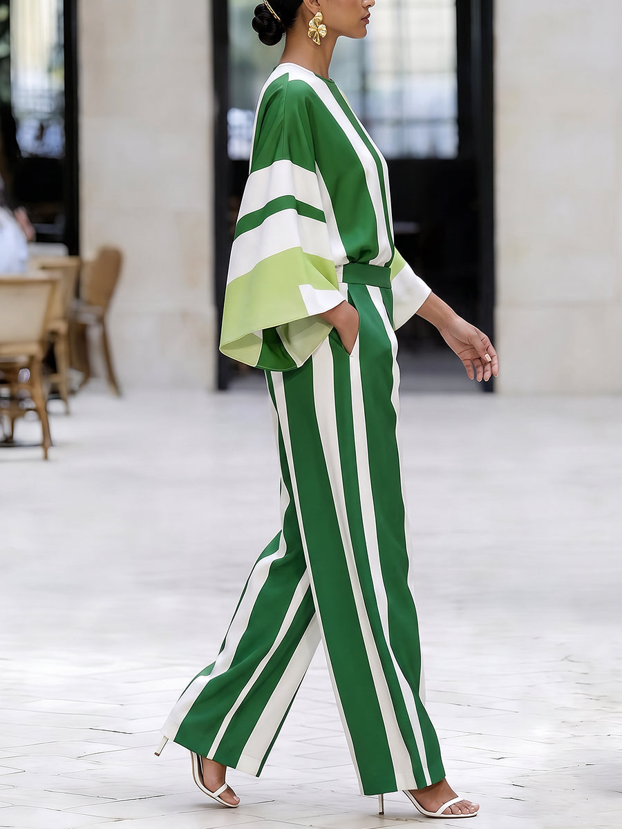 Striped Wide-Leg Pocket Elastic Pants