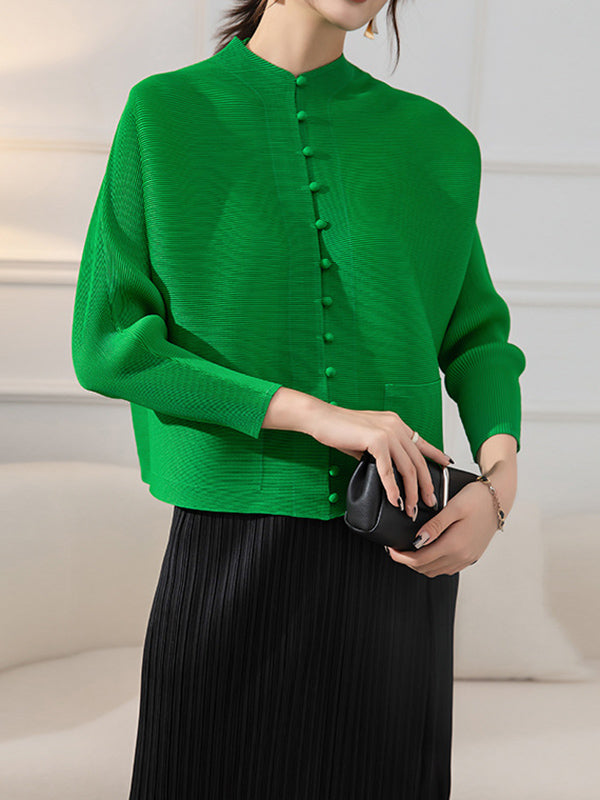Round-Neck Pleated Button-Detail Pocket Jacket