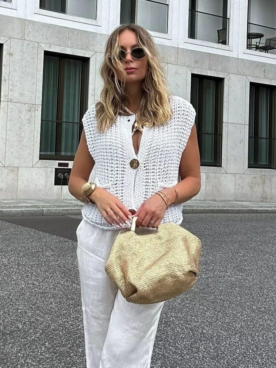 Knit Button-Detail Pocket Sleeveless Cardigan