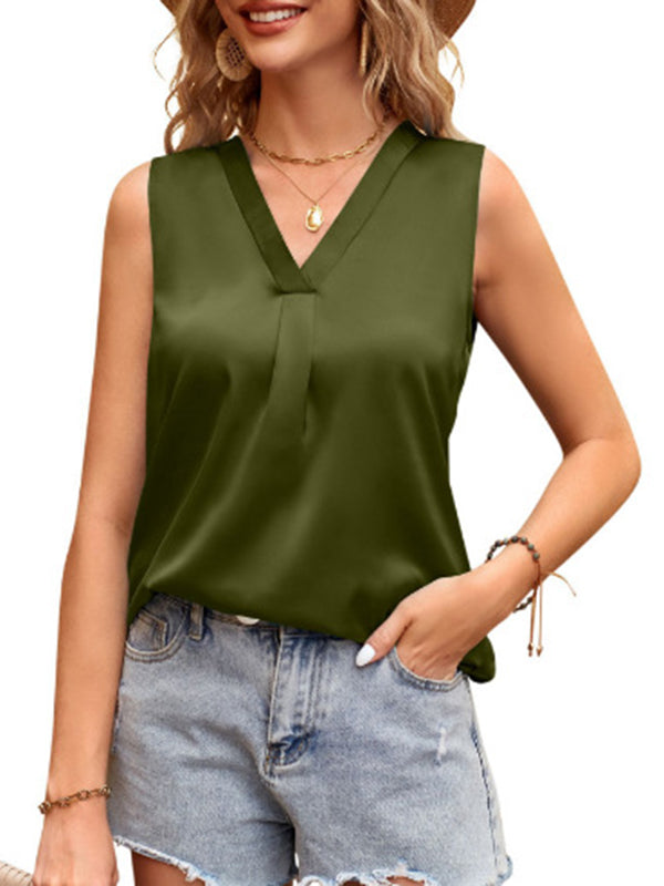 V-Neck Pleated Sleeveless Relaxed Vest