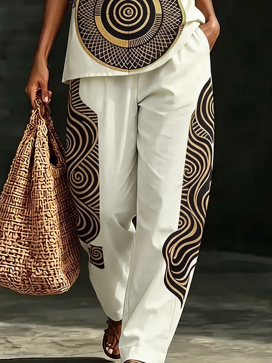 Printed Wide-Leg Pocket Elastic Pants