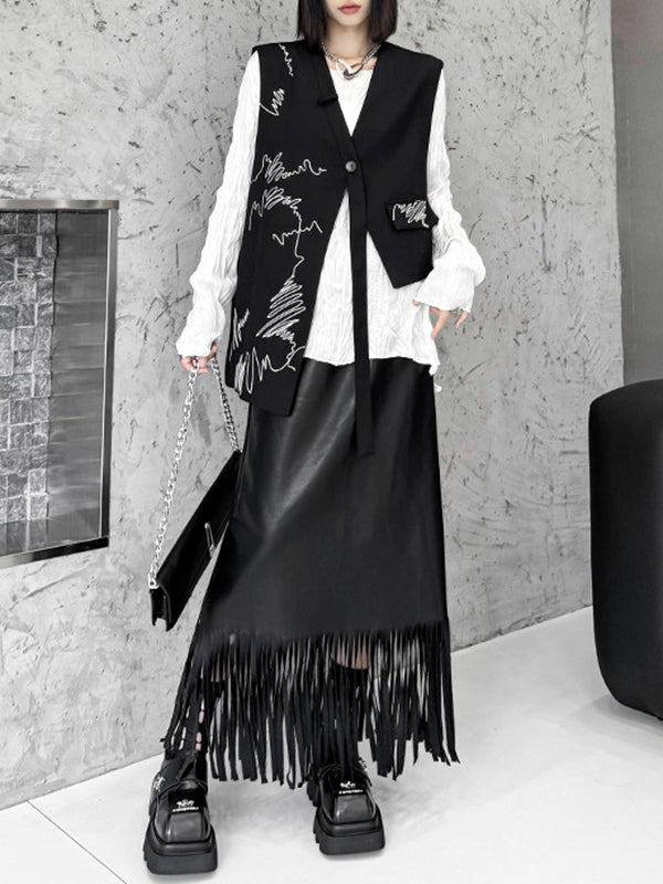 V-Neck Embroidered Asymmetric Button-Detail Vest
