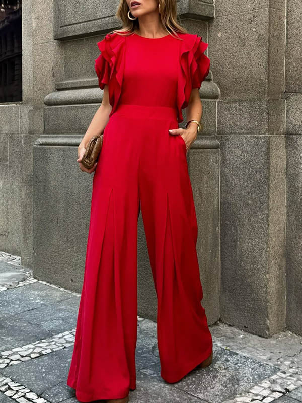 Round-Neck Short-Sleeve Relaxed Jumpsuit