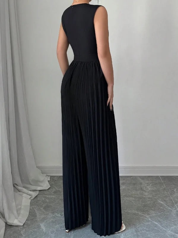High-Waist V-Neck Pleated Relaxed Jumpsuit