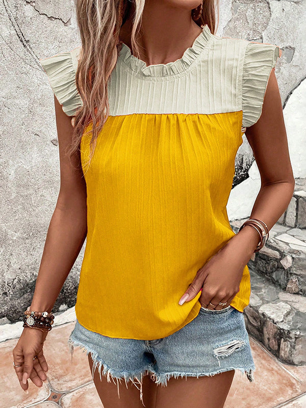 Round-Neck Pleated Ruffle Relaxed Vest