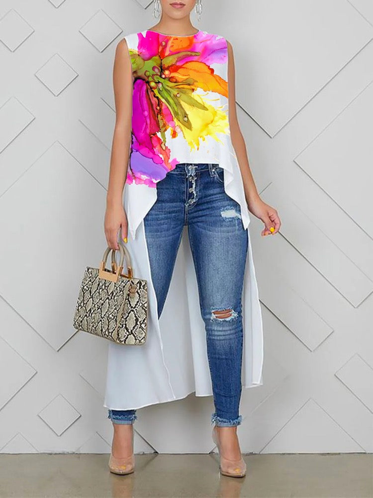 Floral Round-Neck Relaxed Vest