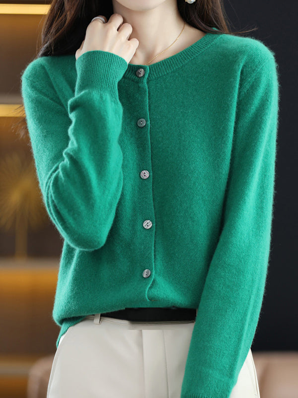 Knit Round-Neck Button-Detail Long-Sleeve Cardigan