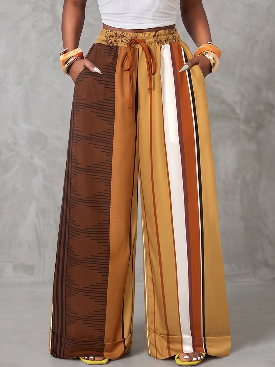 Printed Wide-Leg Drawstring Pocket Pants