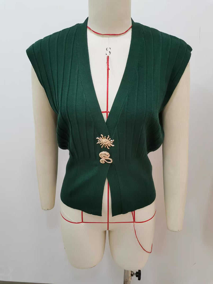 Ribbed Knit High-Waist V-Neck Buckle Vest
