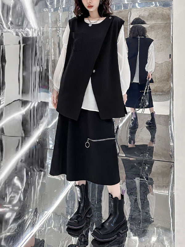 Round-Neck Asymmetric Zip Sleeveless Vest