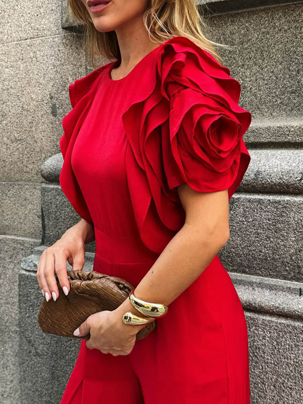 Round-Neck Short-Sleeve Relaxed Jumpsuit