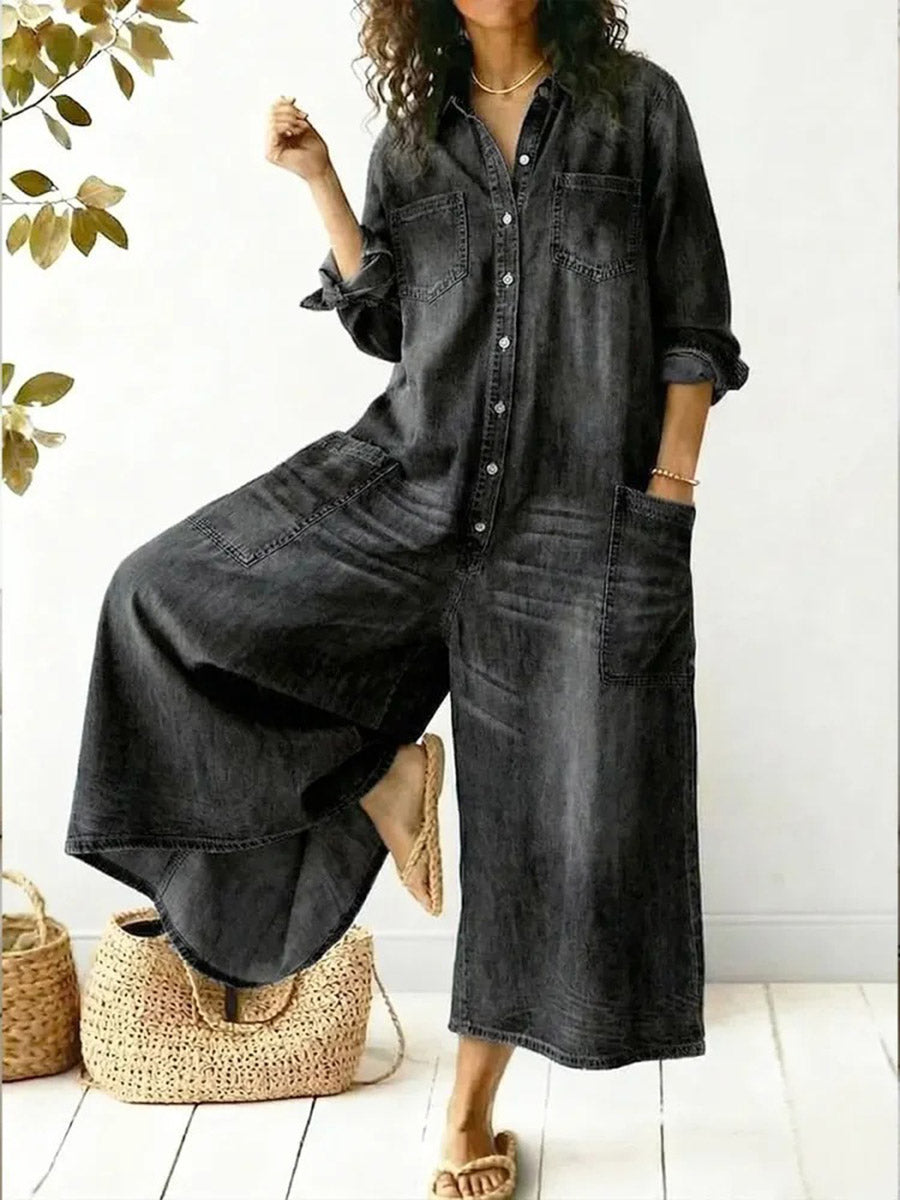 Wide-Leg Plus Size Button-Detail Pocket Jumpsuit