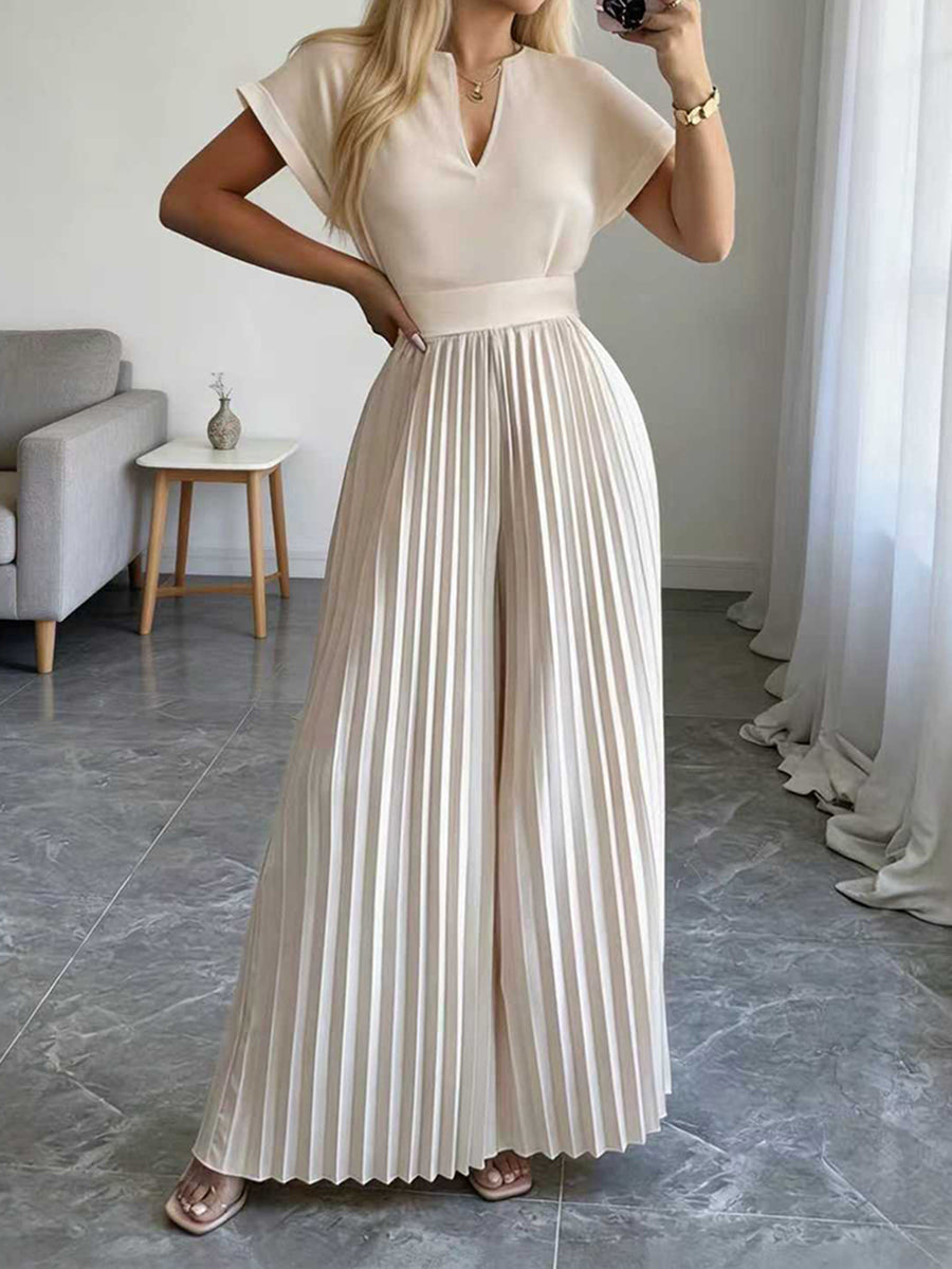 V-Neck Pleated Short-Sleeve Relaxed Jumpsuit