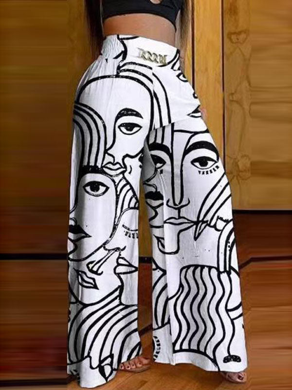 Printed Wide-Leg Pocket Chain Pants